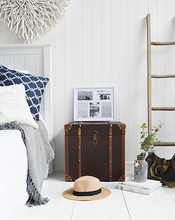 Panama vintage style trunk as a bedside table in New England country and coastal homes