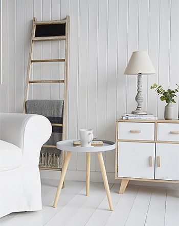 Grey Portland side table in living room for scandi style furniture