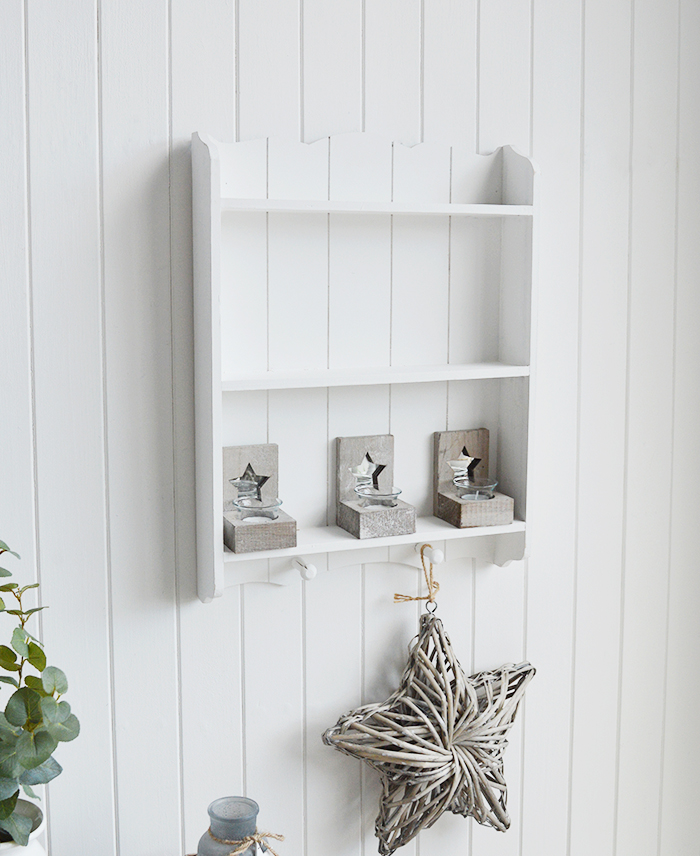 Provincetown white wall shelf with 2 shleves and hanging pegs for New England country and coastal home interiors
