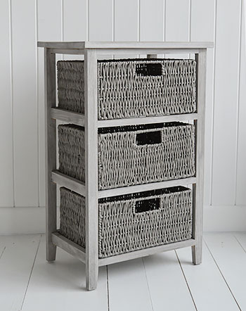 St Ives grey storage table with 3 baskets for living room and bedroom furniture for cottage, coastal and New England interior design