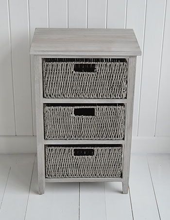 St Ives grey storage table with 3 baskets for living room and bedroom furniture for New England, Beach, Coatsal and French style homes