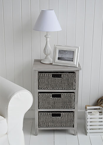 St Ives grey storage table with 3 baskets for living room and bedroom furniture