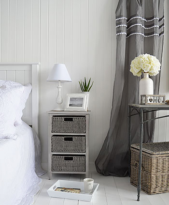 St Ives grey bedside table in white and grey bedroom interiors