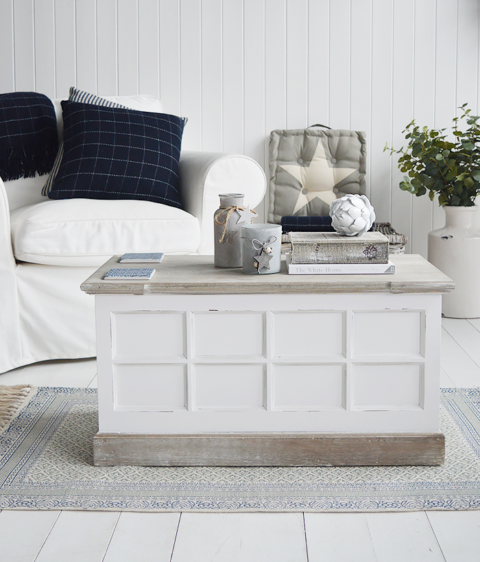Vermont coffee table trunk in a white living room for extra storage in a New Enlgnad country, city or coastal living room