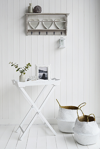 White Butler Tray with Kingsto nBaskets in living room