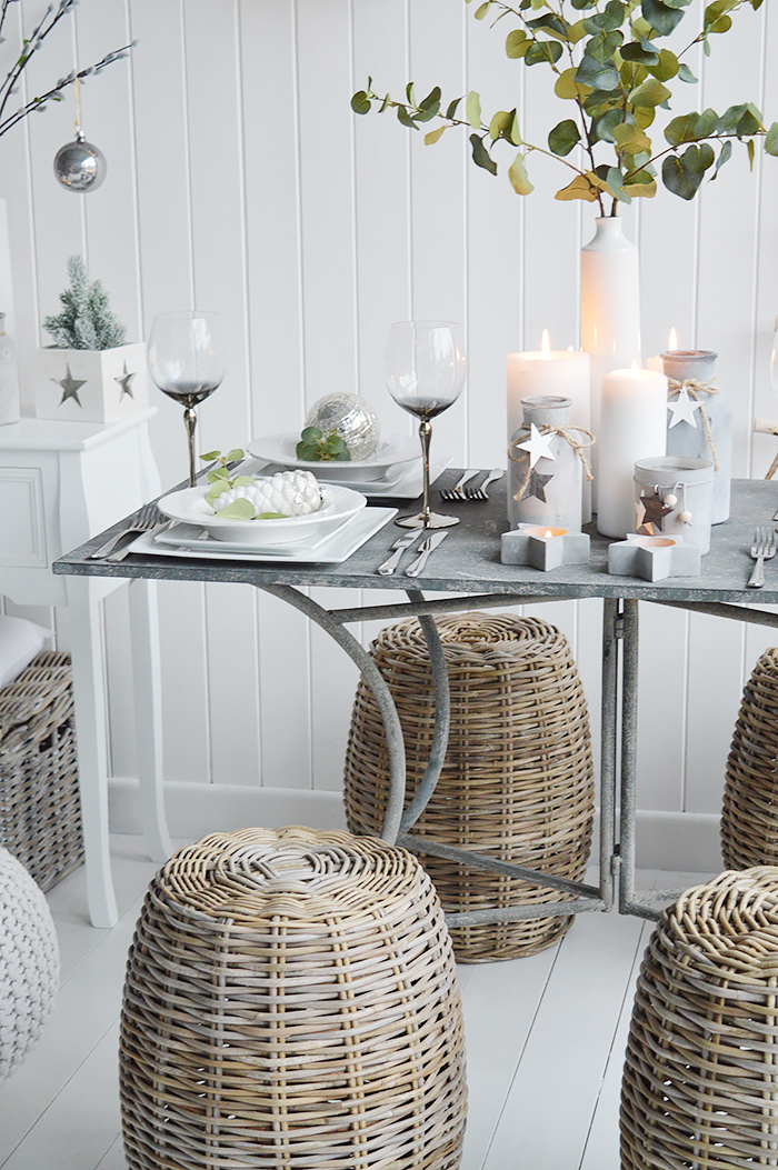 Oxford white wash willow stool as extra seating in a New England home when you need it