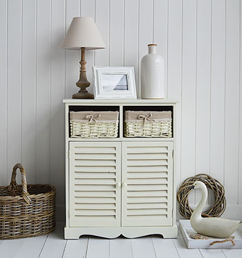 Hamptons cream large cabinet with baskets for living room furniture