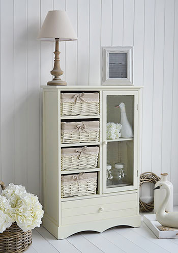 Hamptons glazed cabinet with willow drawers and cupboard for living room furniture