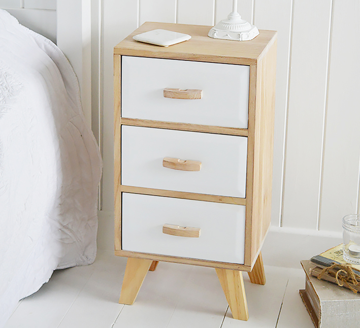 Hamptons Scandi style bedroom furniture, bedside table with 3 drawers in white and wood
