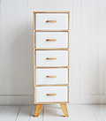 Hamptons narrow tall chest of drawers in wood and white with cupboard and drawer for hall furniture storage in all styles of interior design