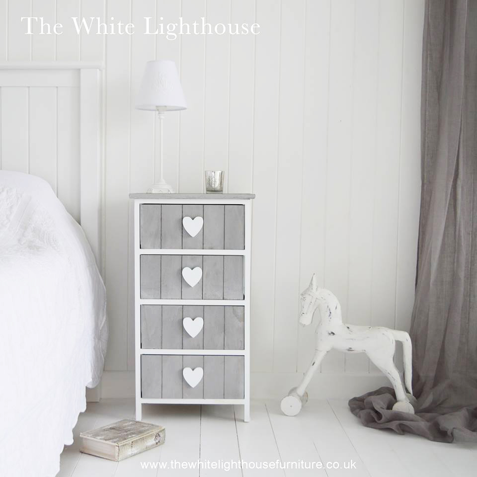 Heart Cottage Grey and White 4 drawer chest for New England Country and Coastal furniture and home interiors in bedroom