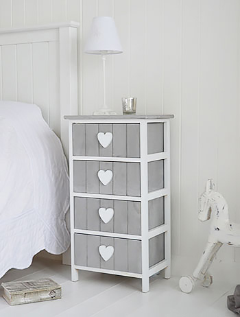 Heart Cottage Grey and White 4 drawer chest for New England Country and Coastal furniture and home interiors beside bed