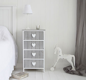 Heart Cottage Grey and White 4 drawer chest for New England Country and Coastal furniture and home interiors in bedroom