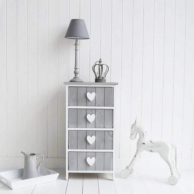 Heart Cottage Grey and White 4 drawer chest for New England Country and Coastal furniture and home interiors