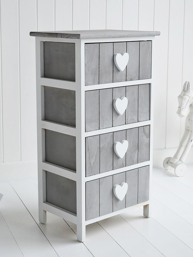 Heart Cottage Grey and White 4 drawer chest for New England Country and Coastal furniture and home interiors close