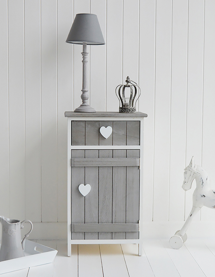 Heart Cottage grey and white cabiinet for lamps or bedside table with cupboard and drawer for New England Coastal, Country and White furniture and interior style of design