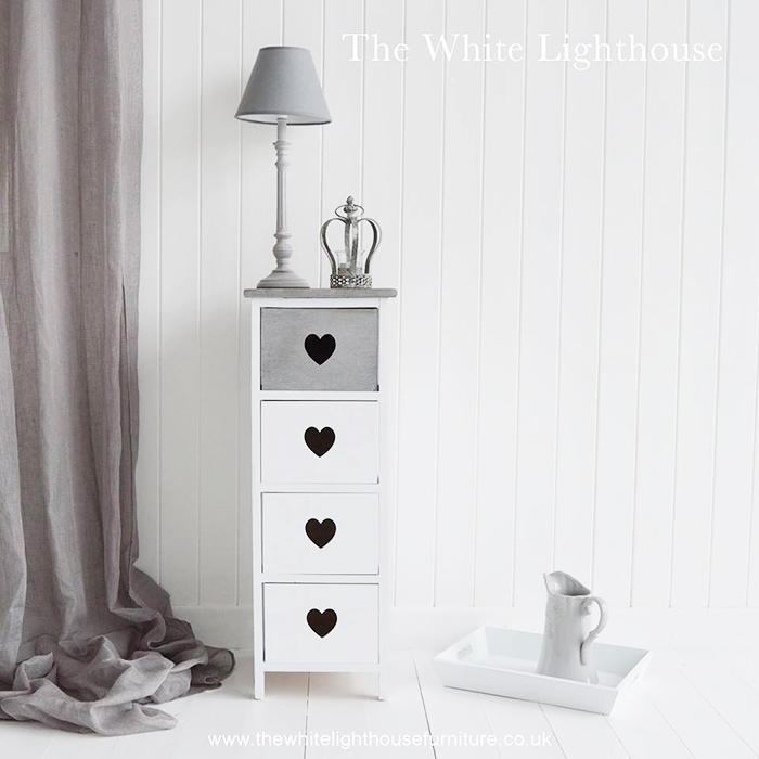 Heart Cottage narrow white and grey chest of 4 drawers for New England, coastal and country furniture and home interiors