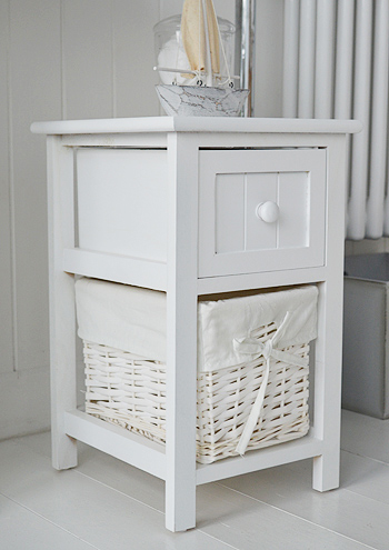 Small Bar Harbor white bathroom storage furniture with 2 drawers and basket