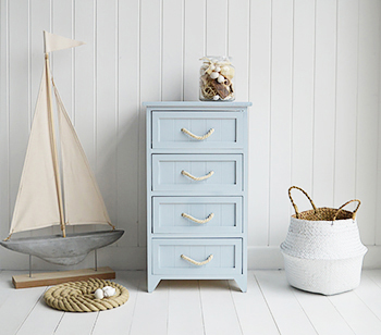 Huntington Beach Pale  Blue bathroom cabinet with 4 drawers, rope handles for nautical bathrooms