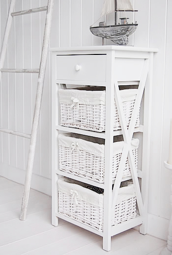 New Haven white tall basket unit for white bedroom and bathroom storage furniture