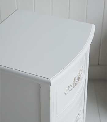White batrhoom cabinet with Rose handles for a white cottage bathroom
