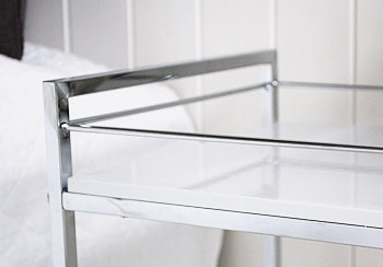 close image of the white gloss shelf and chrome structure
