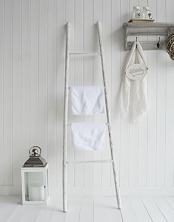 New Hampshire white decorative ladder in bathroom as towel rail