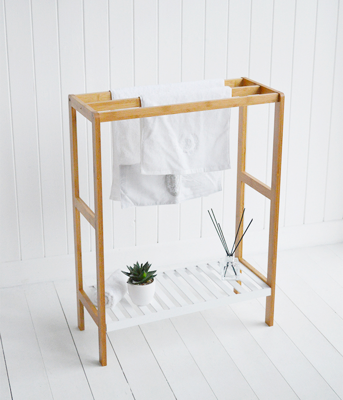Wooden towel stand with white shelf