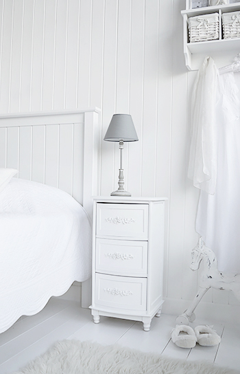Rose white bedside cabinet with three drawers