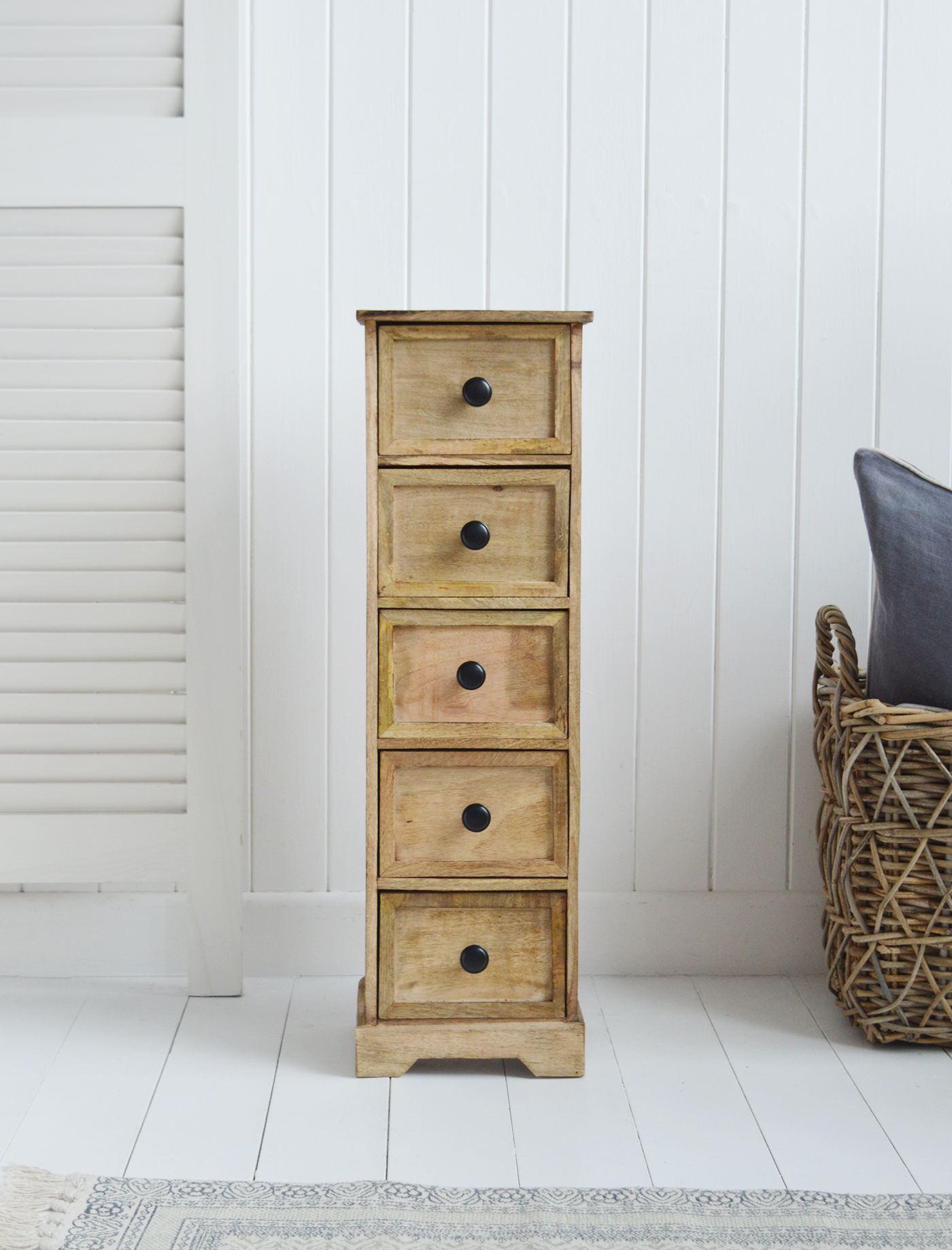 The Dorset narrow 5 drawer bedside cabinet. Ideal to fit in small spaces bedside the bed in slim bedrooms