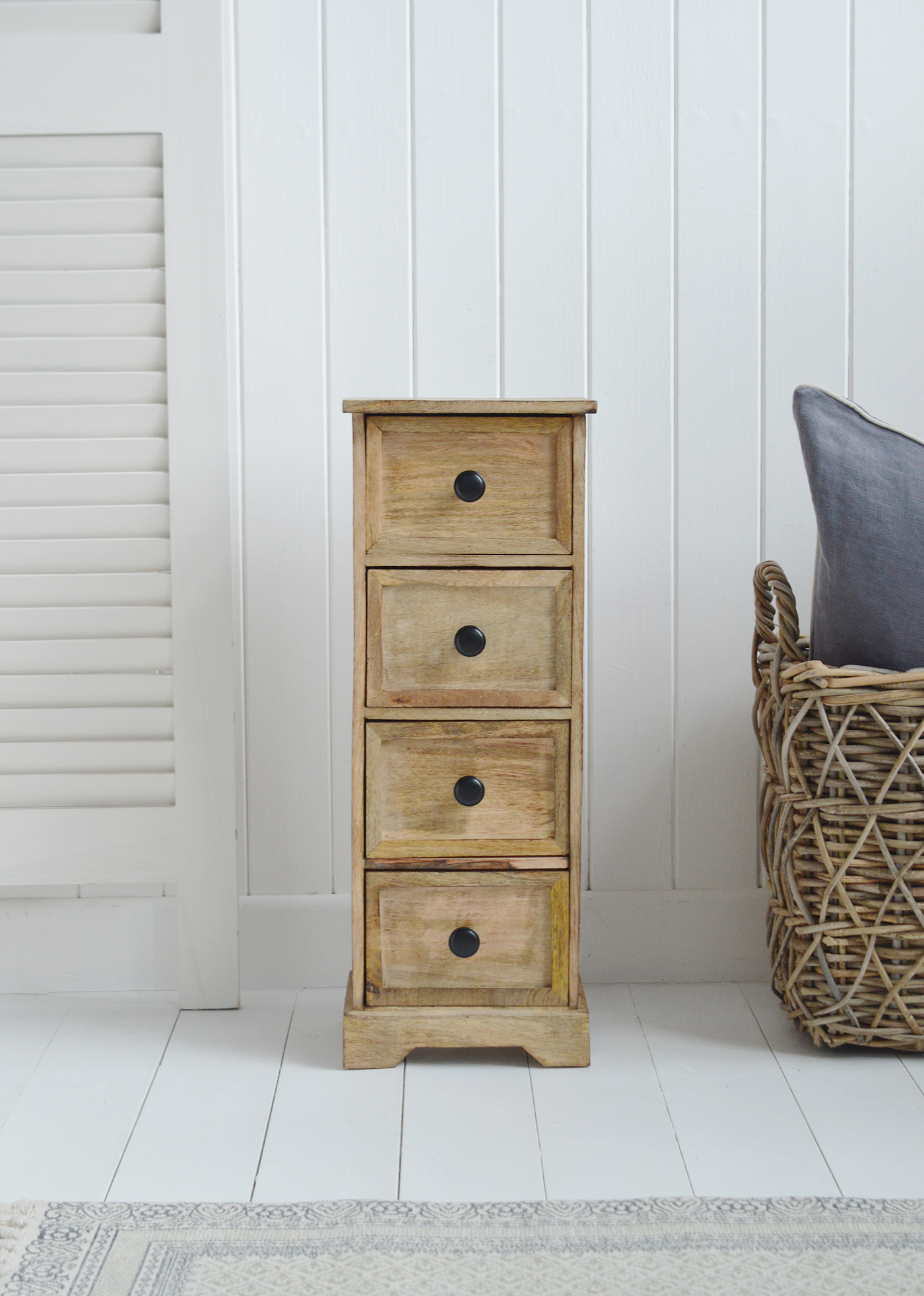 The Dorset narrow bedside table, 23cm wide, with 4 drawers for besdie the bed.