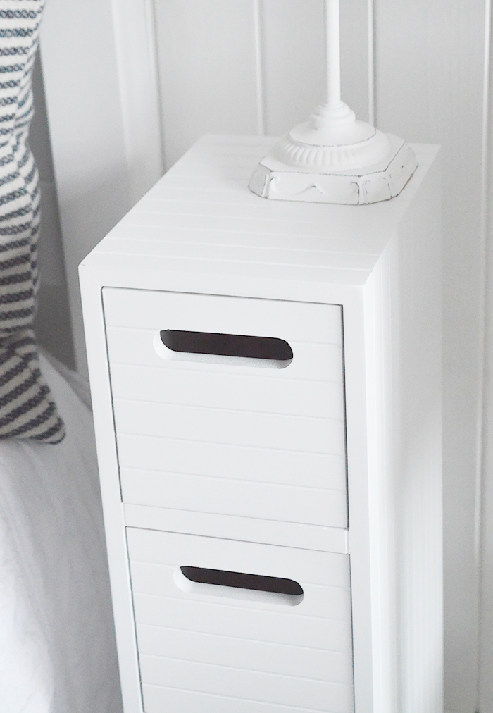 Dorset white very narrow slim white bathroom furniture with 4 drawers for small white bathroom furniture at only 17cm wide. Photograph to show the cladding style finish