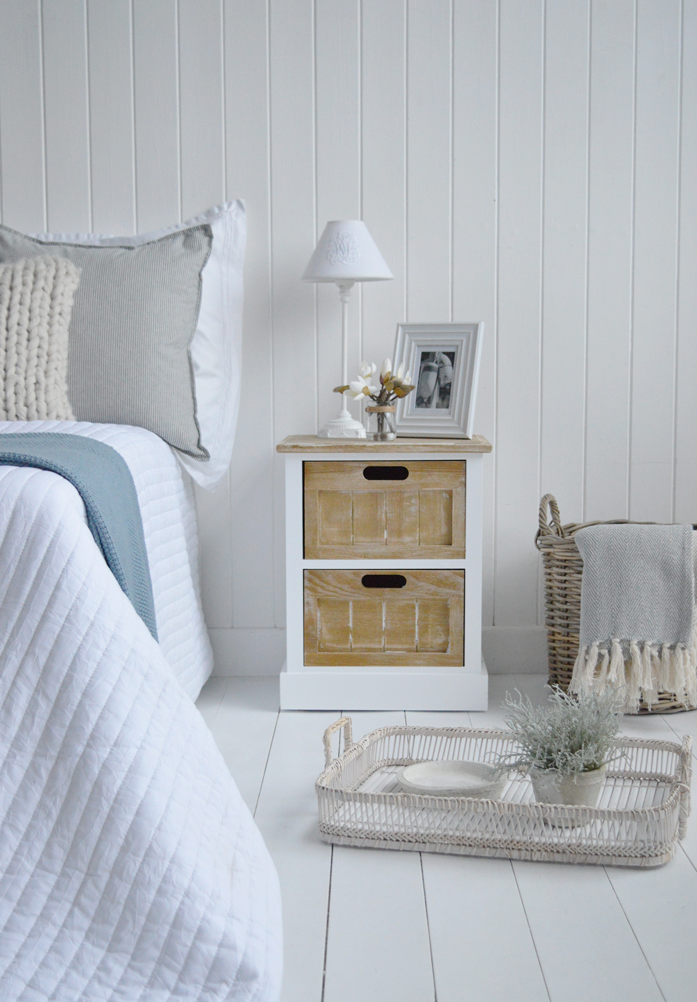 The Maine white New England bedside cabinet with 2 drawers, contrasting driftwood ideally suited in a modern country, Hamptons or coastal bedroom
