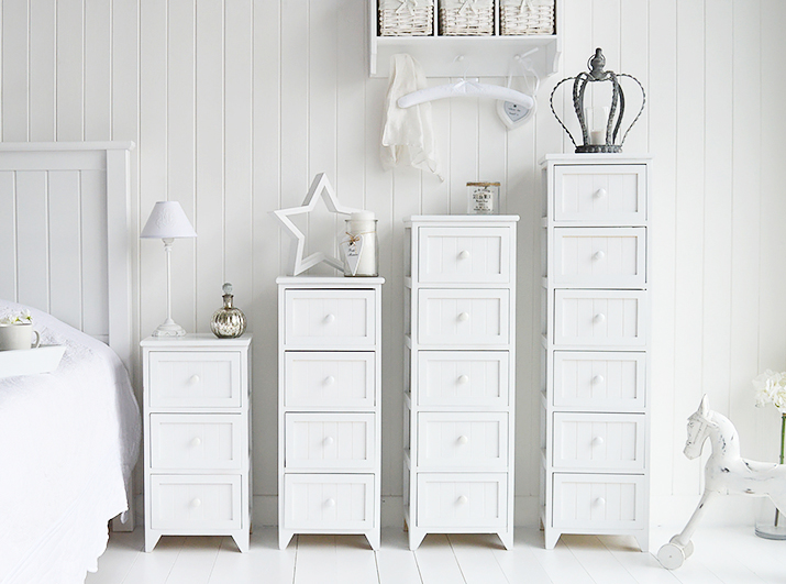 Maine Range of white bedroom storage furniture, different sizes of chest of drawers