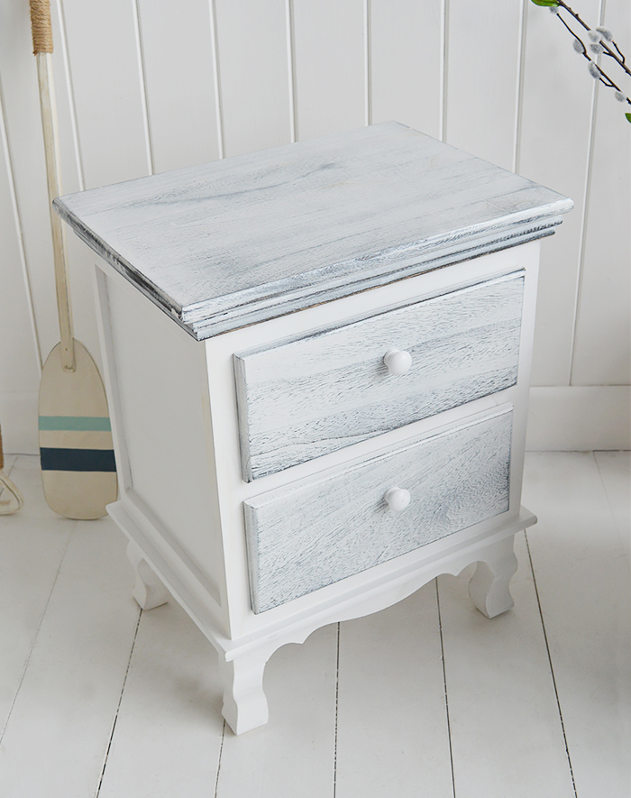 New Shoreham rustic grey and white bedside cabinet with 2 drawers for coastal and country bedroom furniture