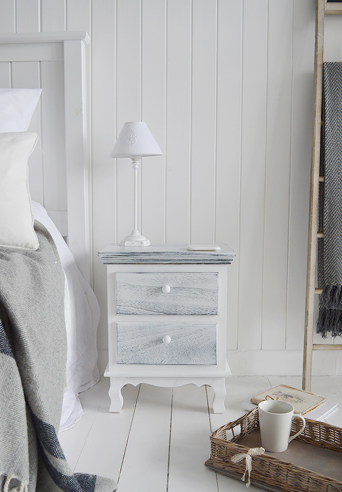 New Shoreham rustic grey and white bedside cabinet with 2 drawers for New England bedroom furniture