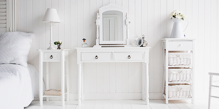 New England white bedroom furniture with dressing table, bedside table and bedroom storage for a pure white bedroom