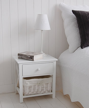 Small white bedside table with basket storage and drawer