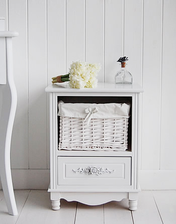 Rose white bedside table with basket and drawer