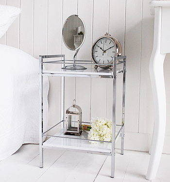 White and chrome small bedside table with white gloss shelves