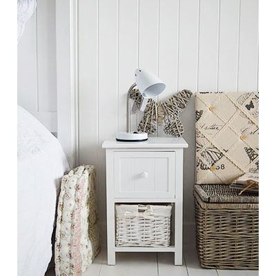 Bar Harbor small white narrow bedside table with basket and drawers