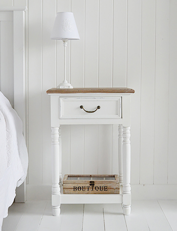Brittany white bedside table with shelf and drawer