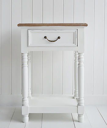 Brittany white lamp table with shelf and drawer