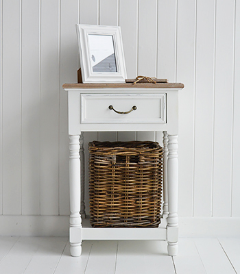 Brittany white lamp table with shelf and drawer with a basket