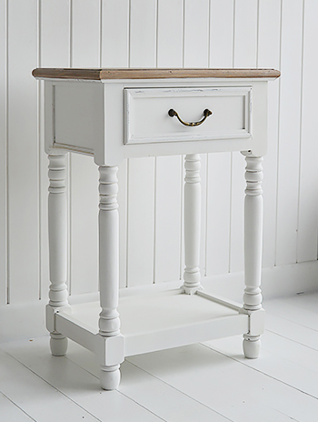 Brittany white lamp table with shelf and drawer side