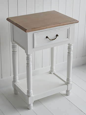 Brittany white lamp table with shelf and drawer from top