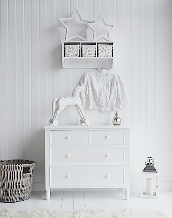 New England simple white bedroom furniture, chest of 4 drawers. Delivered already built. No assembly required
