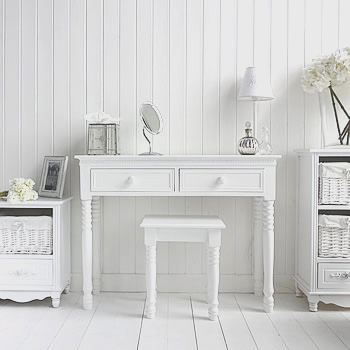 Pure white bedroom furniture. Dressing table, and Rose storage furniture with baskets 