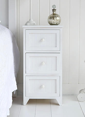 Maine white bedside table with 3 drawers