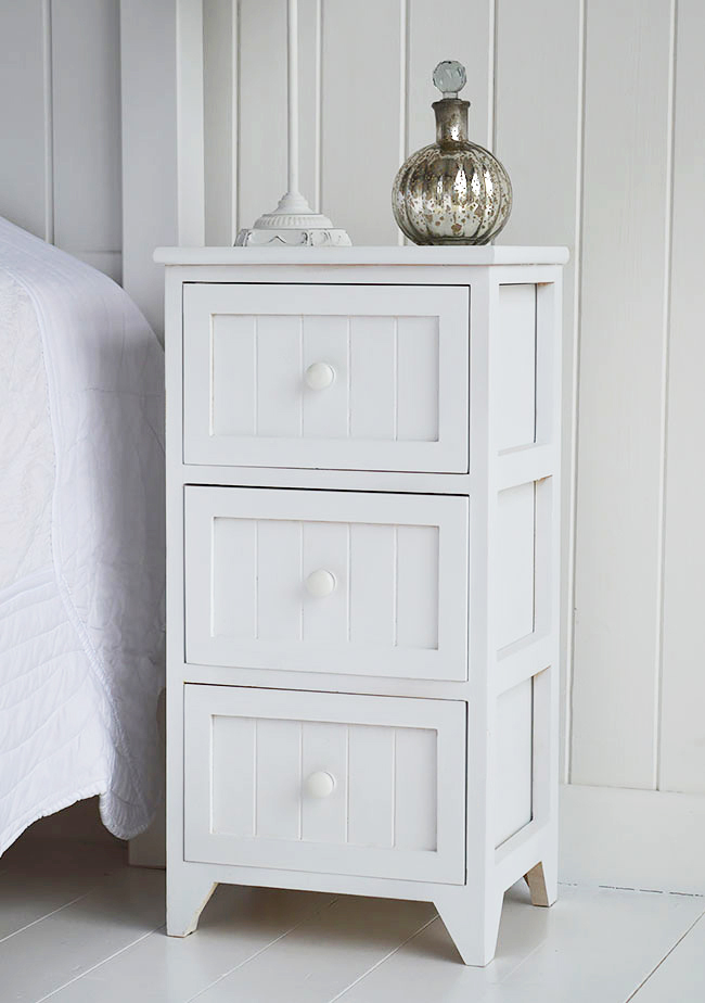 Maine New England bedside table with three drawers in white from The White Lighthouse Bedroom Furniture